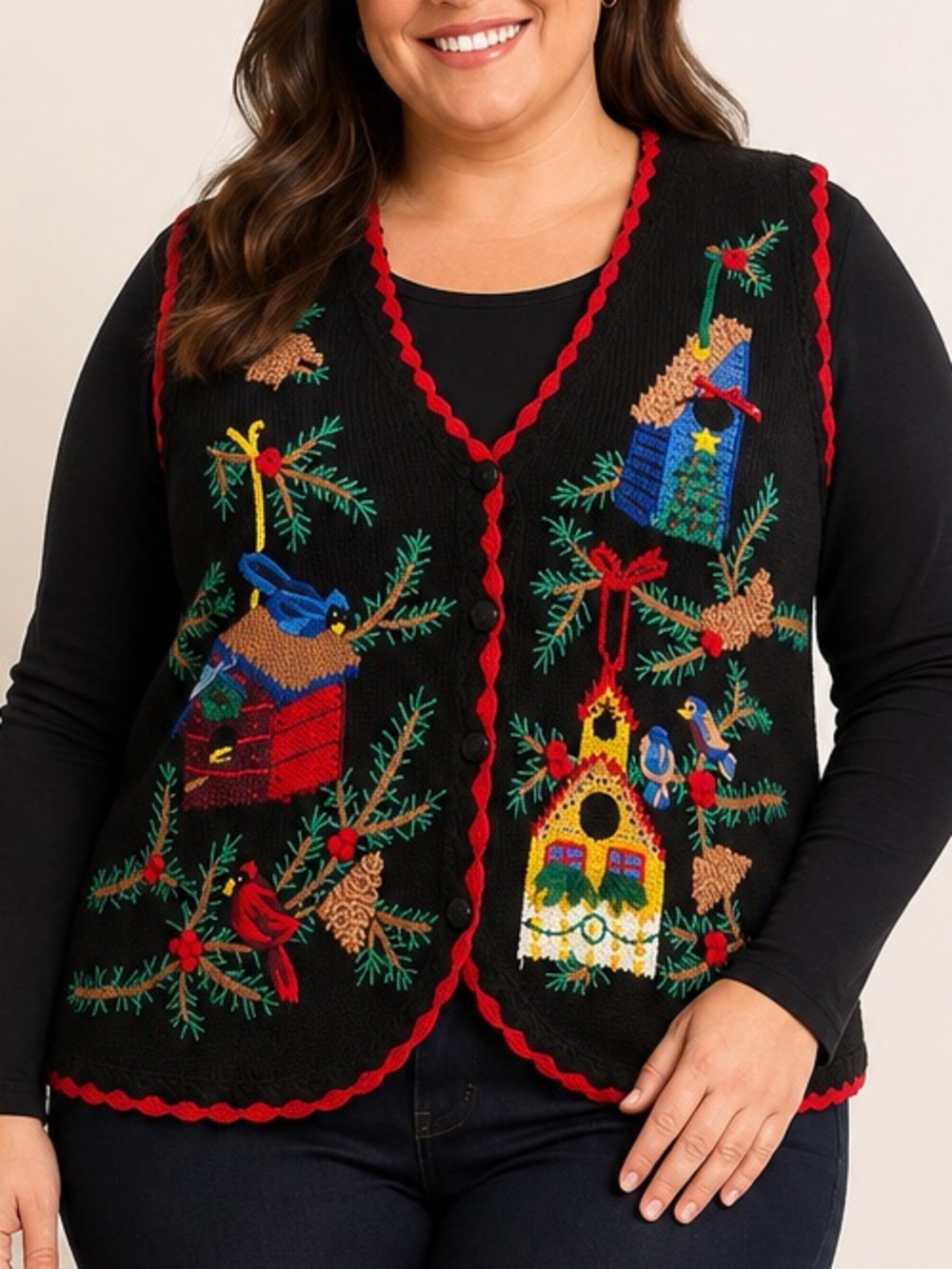 vintage Bechamel embroidered sweater vest featuring a winter christmas birdhouse